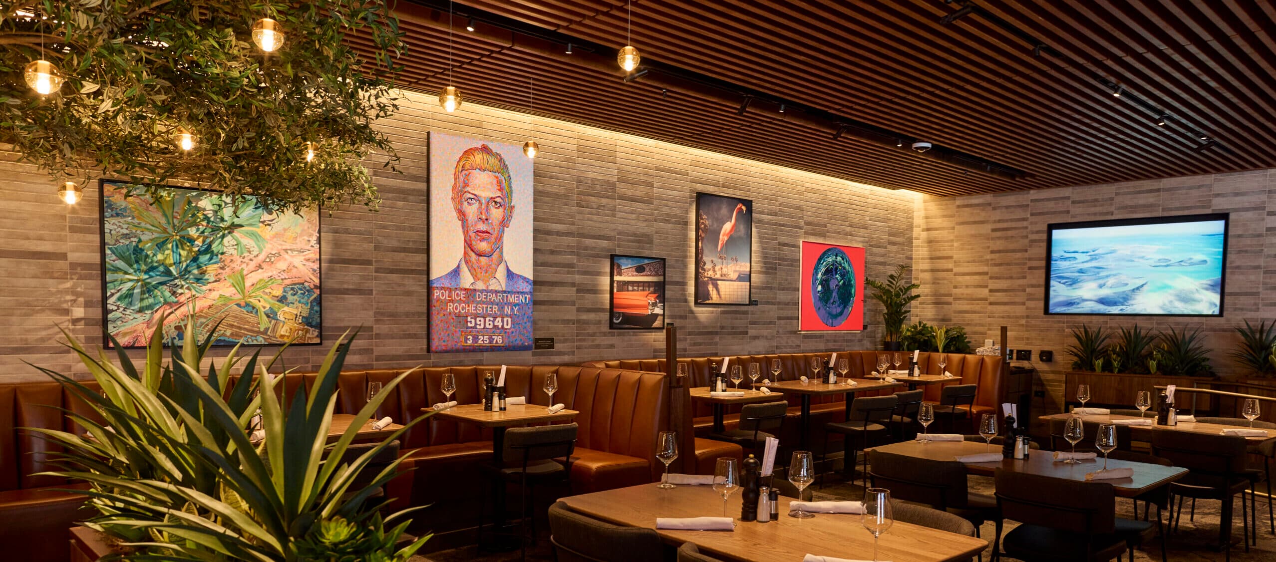 JOEY La Jolla Upper Dining Room. Set tables with cutlery and wine glasses, with a lit art wall and a tree.